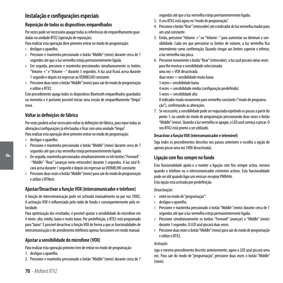 Instalação e configurações especiais | MIDLAND BTX2 User Manual | Page 71 / 112