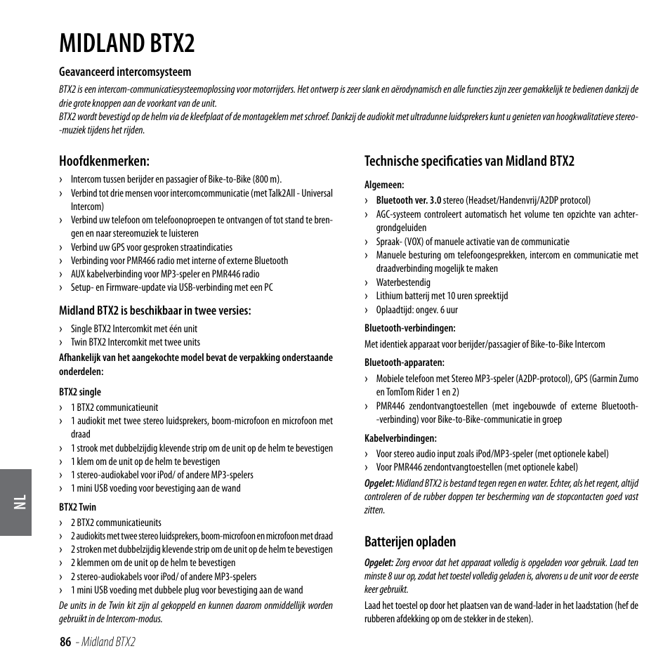 Midland btx2, Hoofdkenmerken, Technische specificaties van midland btx2 | Batterijen opladen | MIDLAND BTX2 User Manual | Page 87 / 112