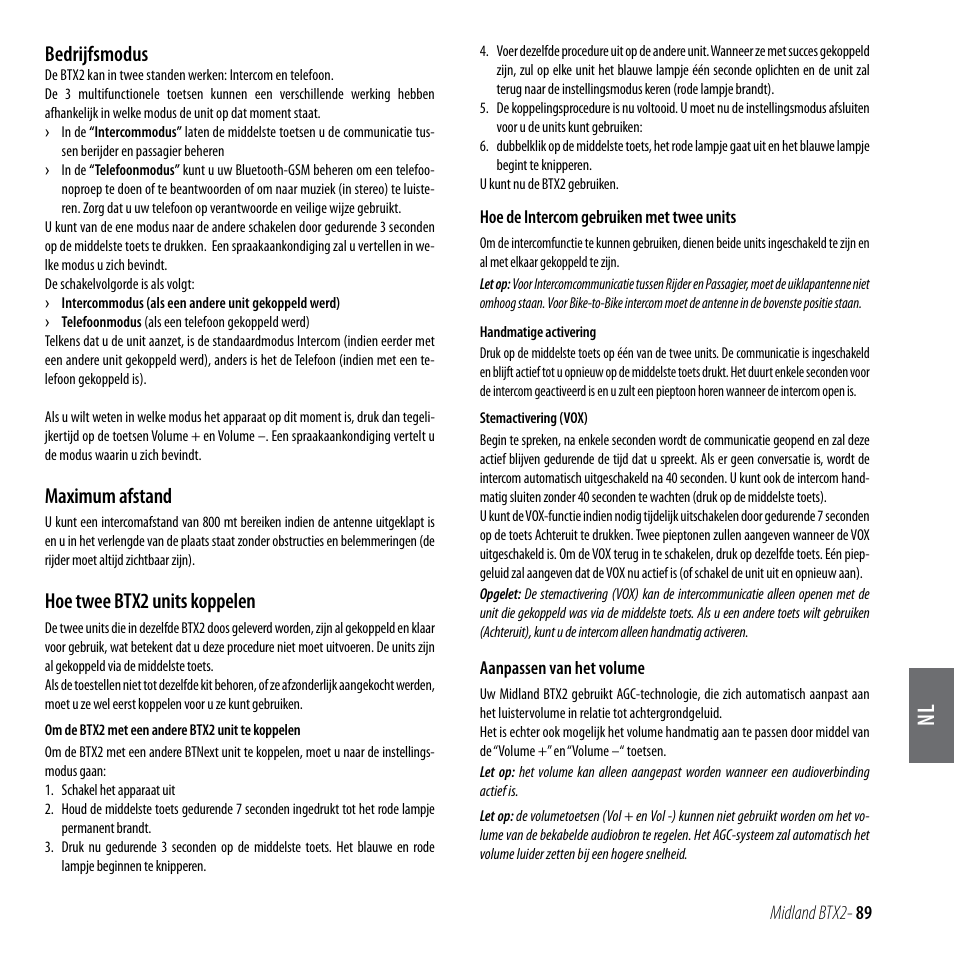 Bedrijfsmodus, Maximum afstand, Hoe twee btx2 units koppelen | MIDLAND BTX2 User Manual | Page 90 / 112