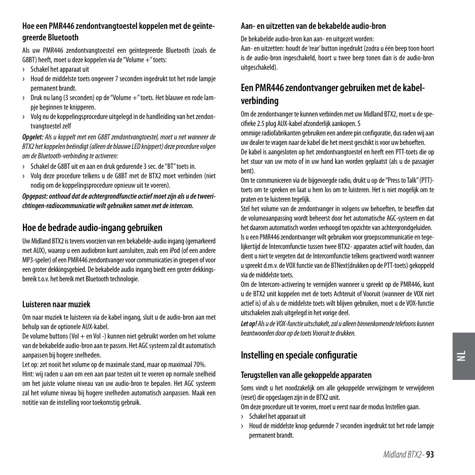 Hoe de bedrade audio-ingang gebruiken, Instelling en speciale configuratie | MIDLAND BTX2 User Manual | Page 94 / 112