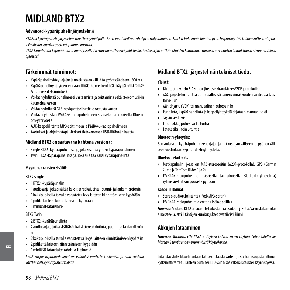 Midland btx2, Tärkeimmät toiminnot, Midland btx2 -järjestelmän tekniset tiedot | Akkujen lataaminen | MIDLAND BTX2 User Manual | Page 99 / 112