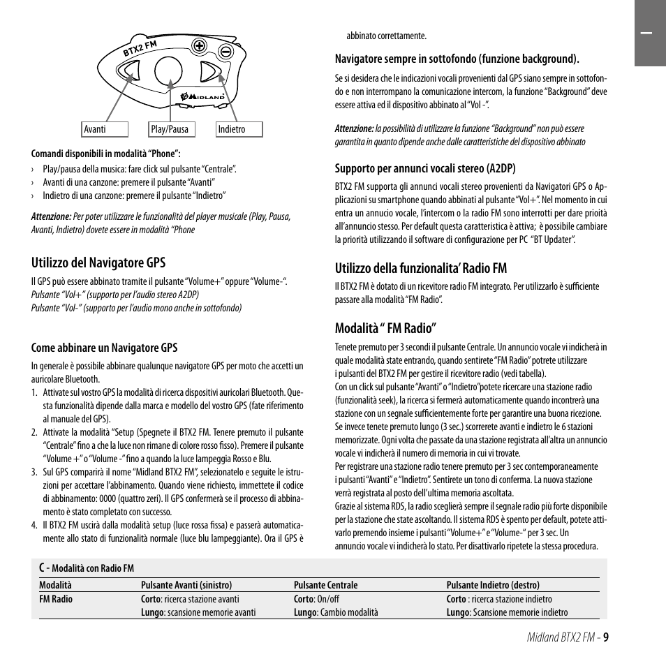 Utilizzo del navigatore gps, Utilizzo della funzionalita’ radio fm, Modalità “ fm radio | MIDLAND BTX2 FM User Manual | Page 10 / 100