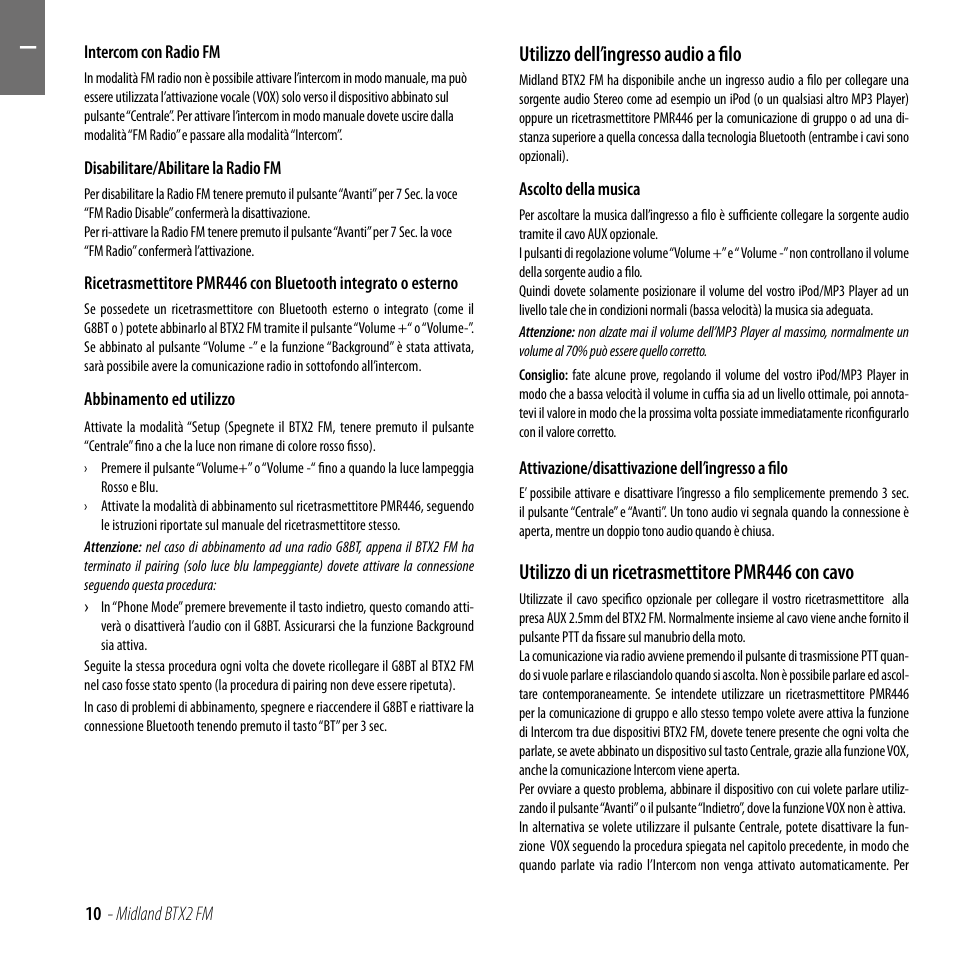 Utilizzo dell’ingresso audio a filo, Utilizzo di un ricetrasmettitore pmr446 con cavo | MIDLAND BTX2 FM User Manual | Page 11 / 100