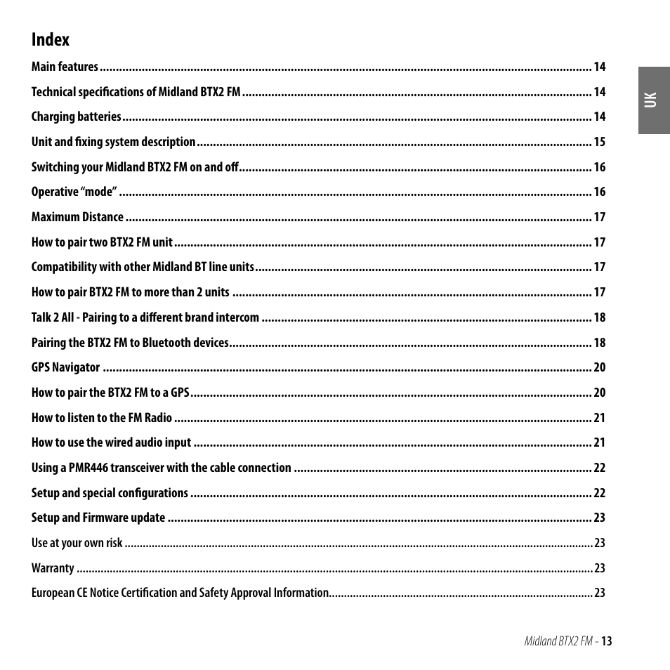 Index | MIDLAND BTX2 FM User Manual | Page 14 / 100