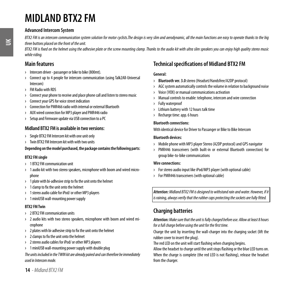 Main features, Technical specifications of midland btx2 fm, Charging batteries | Midland btx2 fm | MIDLAND BTX2 FM User Manual | Page 15 / 100