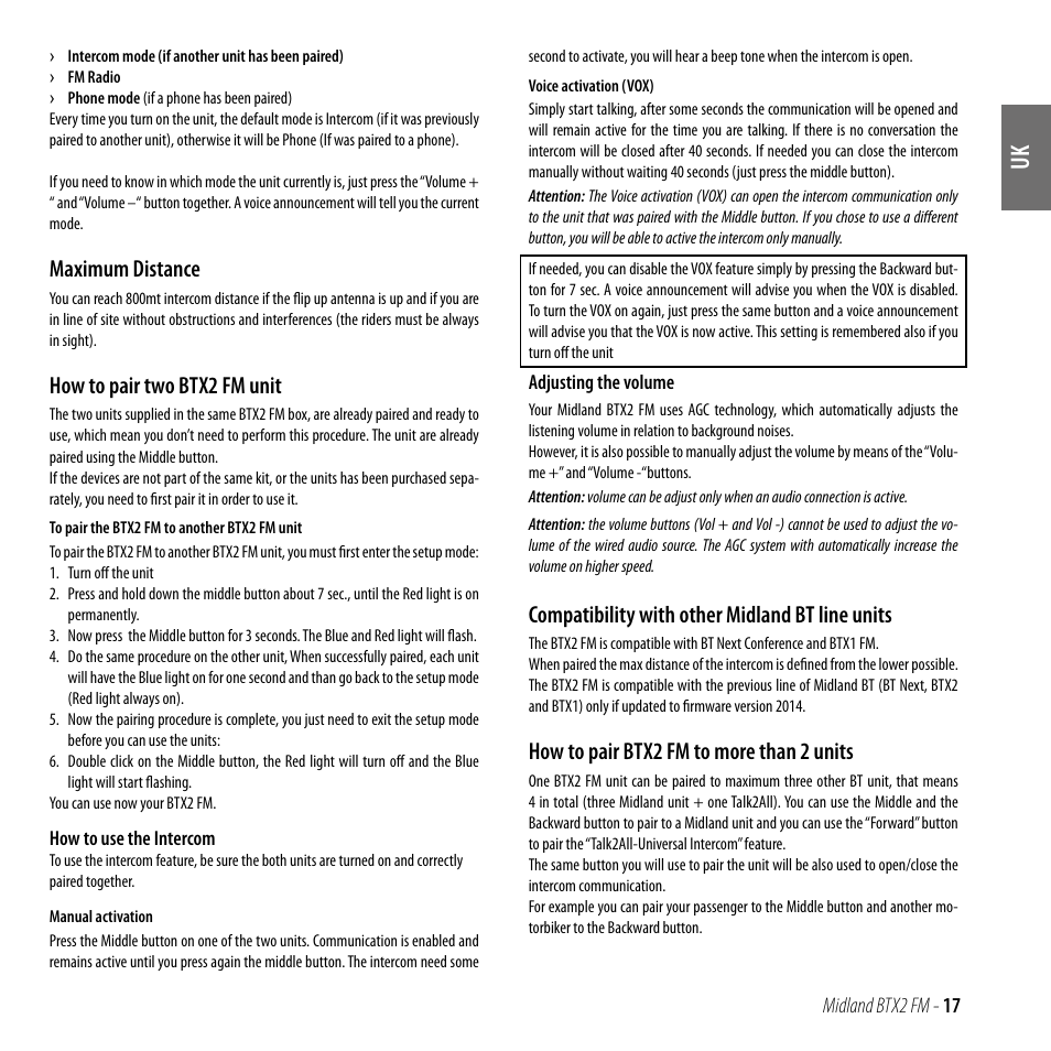 Maximum distance, How to pair two btx2 fm unit, Compatibility with other midland bt line units | How to pair btx2 fm to more than 2 units | MIDLAND BTX2 FM User Manual | Page 18 / 100