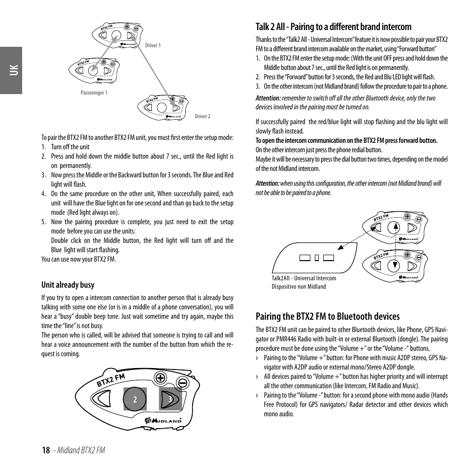 Talk 2 all - pairing to a different brand intercom, Pairing the btx2 fm to bluetooth devices | MIDLAND BTX2 FM User Manual | Page 19 / 100