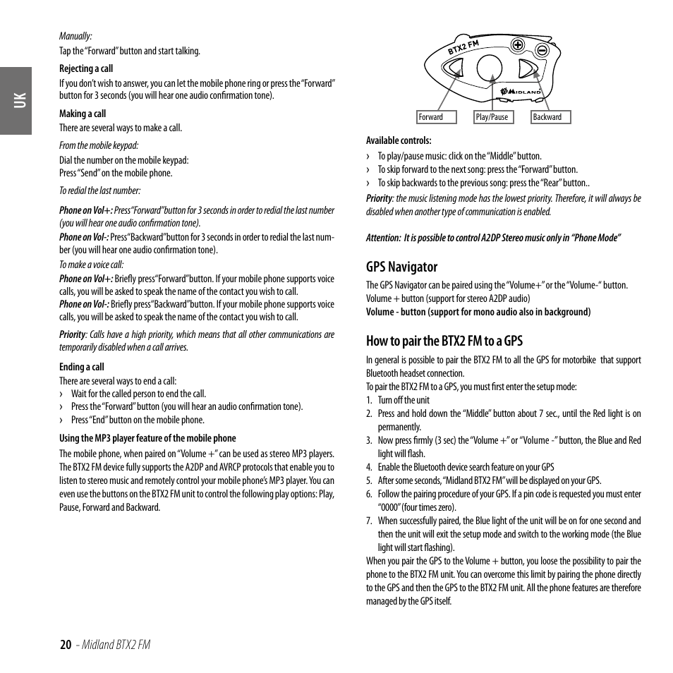 Gps navigator, How to pair the btx2 fm to a gps, 20 - midland btx2 fm | MIDLAND BTX2 FM User Manual | Page 21 / 100