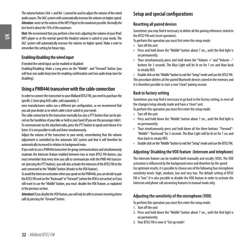 Setup and special configurations | MIDLAND BTX2 FM User Manual | Page 23 / 100