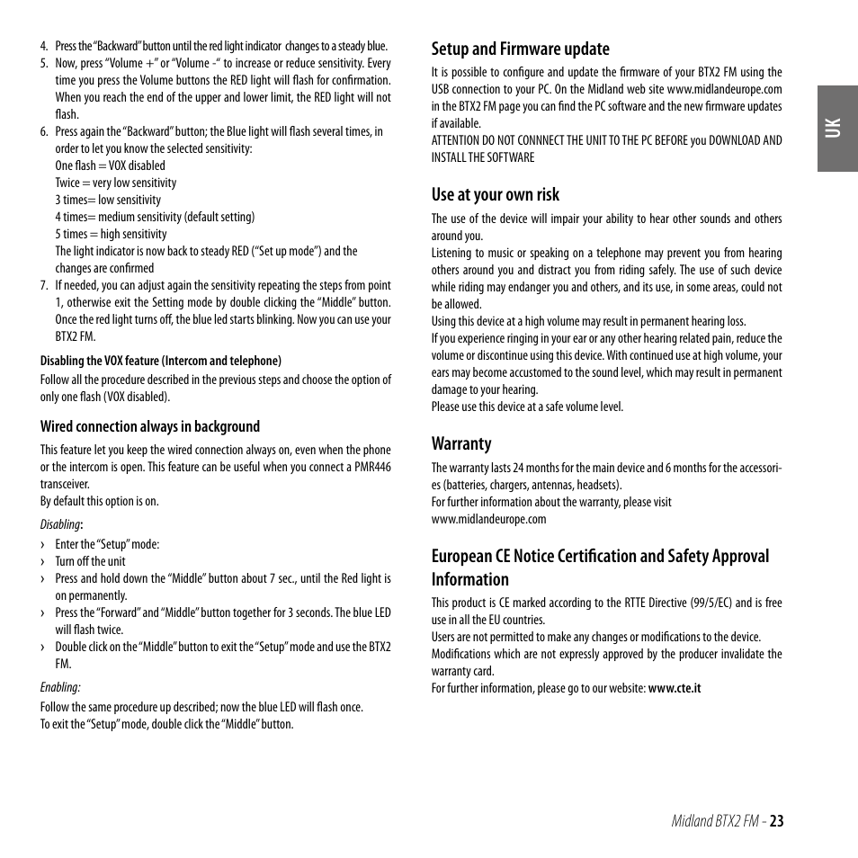 Setup and firmware update, Use at your own risk, Warranty | MIDLAND BTX2 FM User Manual | Page 24 / 100