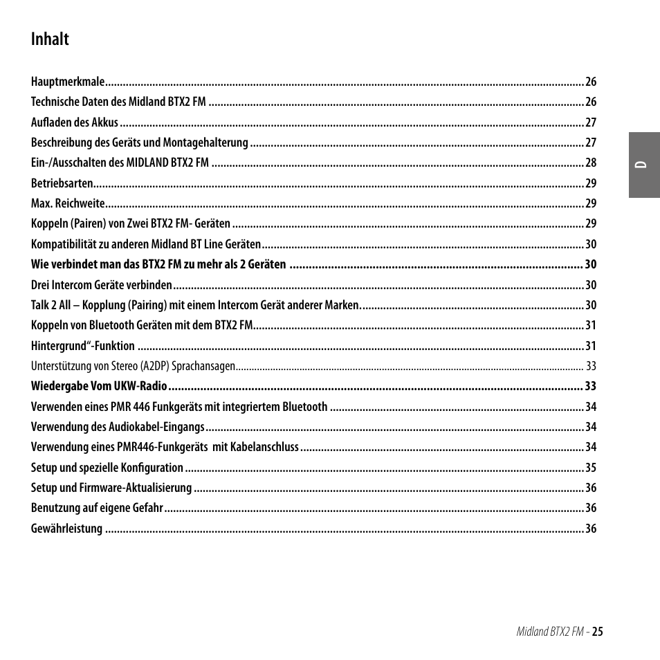 Inhalt | MIDLAND BTX2 FM User Manual | Page 26 / 100