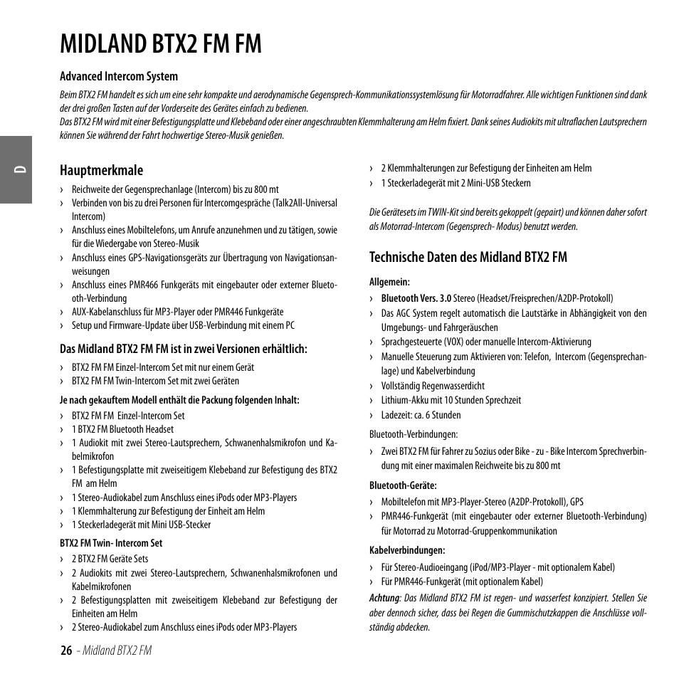 Hauptmerkmale, Technische daten des midland btx2 fm, Hauptmerkmale technische daten des midland btx2 fm | Midland btx2 fm fm | MIDLAND BTX2 FM User Manual | Page 27 / 100