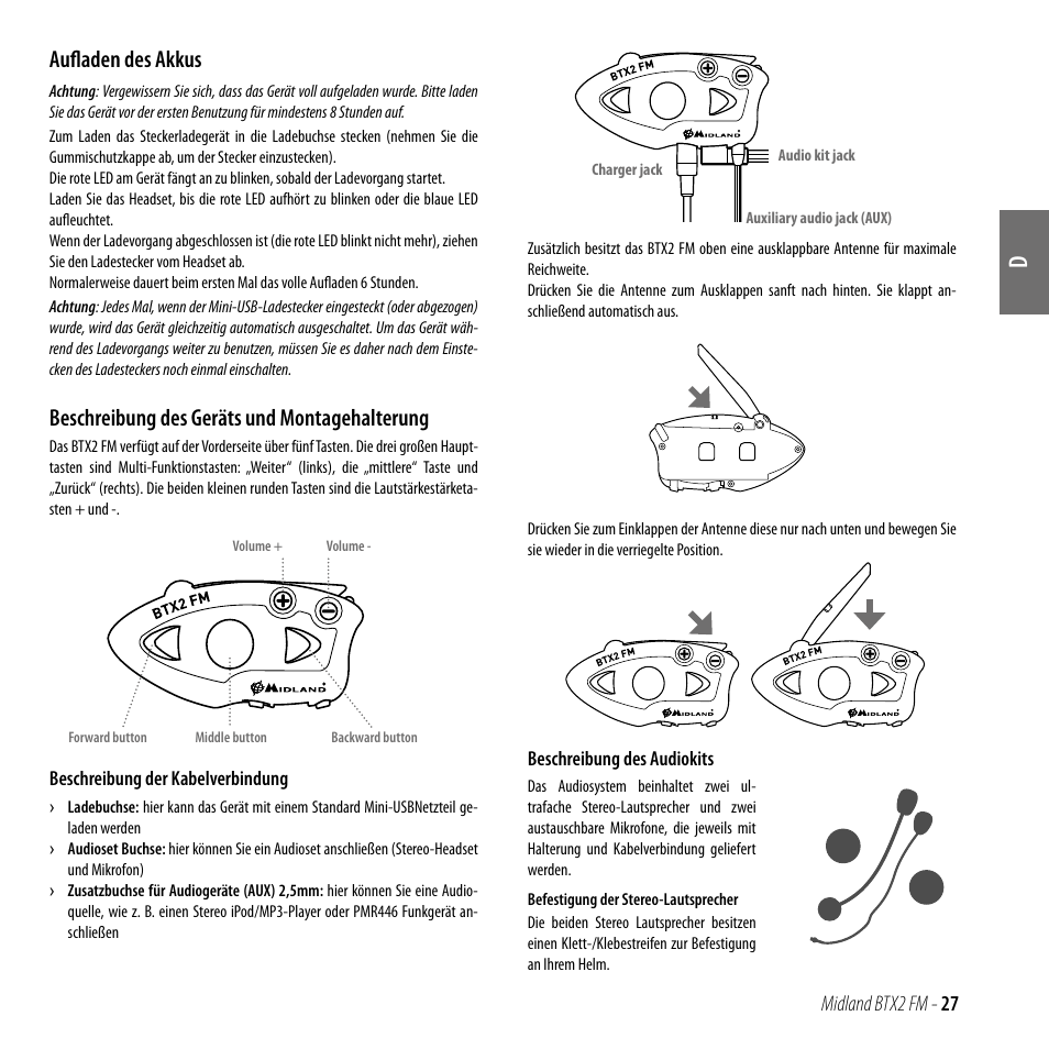 Aufladen des akkus, Beschreibung des geräts und montagehalterung | MIDLAND BTX2 FM User Manual | Page 28 / 100