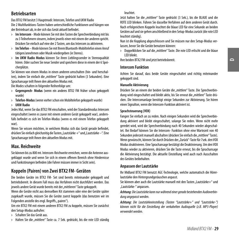 Betriebsarten, Max. reichweite, Koppeln (pairen) von zwei btx2 fm- geräten | MIDLAND BTX2 FM User Manual | Page 30 / 100
