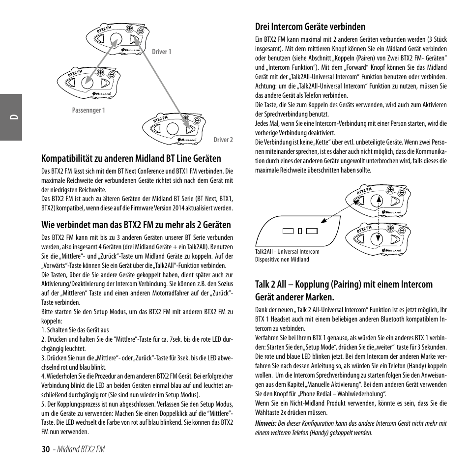 Kompatibilität zu anderen midland bt line geräten, Drei intercom geräte verbinden | MIDLAND BTX2 FM User Manual | Page 31 / 100