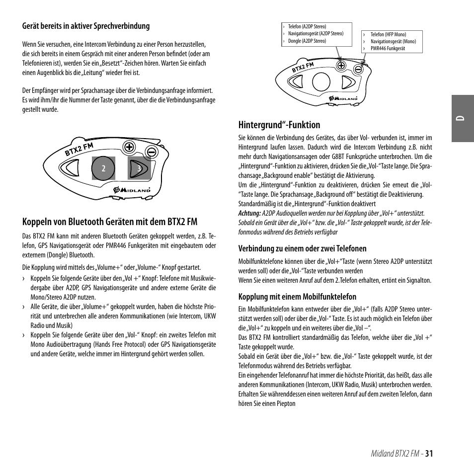 Koppeln von bluetooth geräten mit dem btx2 fm, Hintergrund“-funktion, Midland btx2 fm - 31 | MIDLAND BTX2 FM User Manual | Page 32 / 100