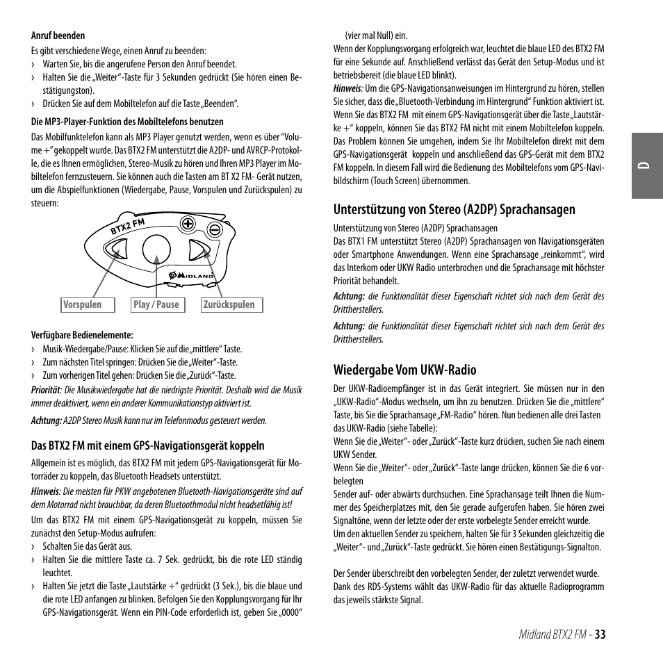 Unterstützung von stereo (a2dp) sprachansagen, Wiedergabe vom ukw-radio | MIDLAND BTX2 FM User Manual | Page 34 / 100