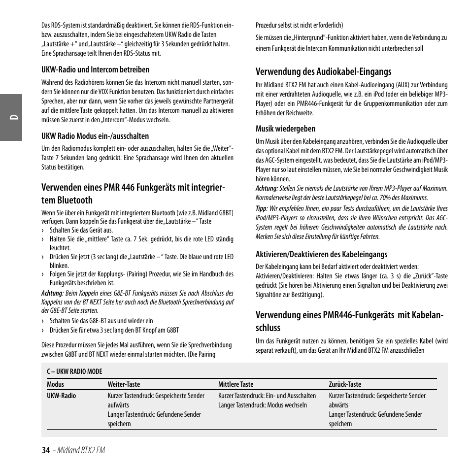 Verwendung des audiokabel-eingangs | MIDLAND BTX2 FM User Manual | Page 35 / 100