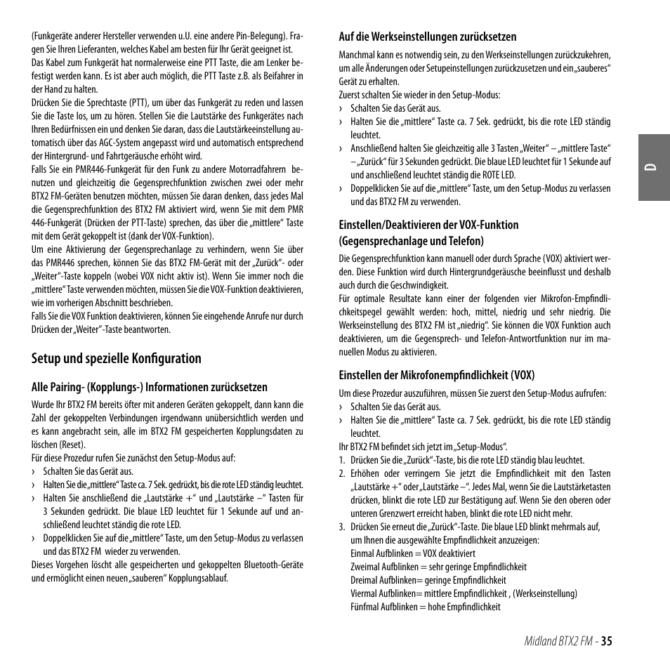 Setup und spezielle konfiguration | MIDLAND BTX2 FM User Manual | Page 36 / 100