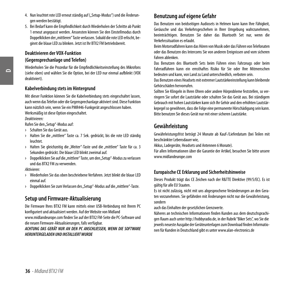 Setup und firmware-aktualisierung, Benutzung auf eigene gefahr, Gewährleistung | MIDLAND BTX2 FM User Manual | Page 37 / 100