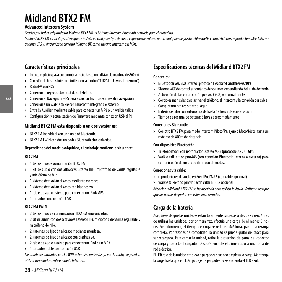 Características principales, Especificaciones técnicas del midland btx2 fm, Carga de la batería | Midland btx2 fm | MIDLAND BTX2 FM User Manual | Page 39 / 100