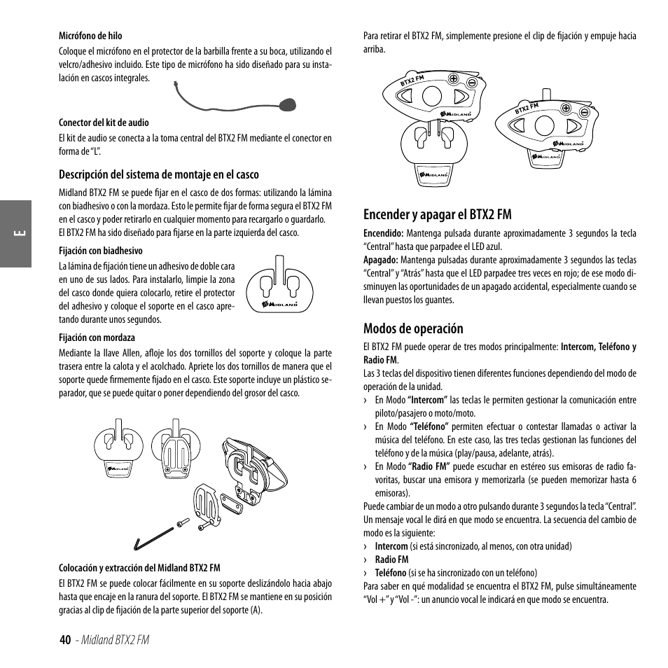 Encender y apagar el btx2 fm, Modos de operación, Encender y apagar el btx2 fm modos de operación | MIDLAND BTX2 FM User Manual | Page 41 / 100