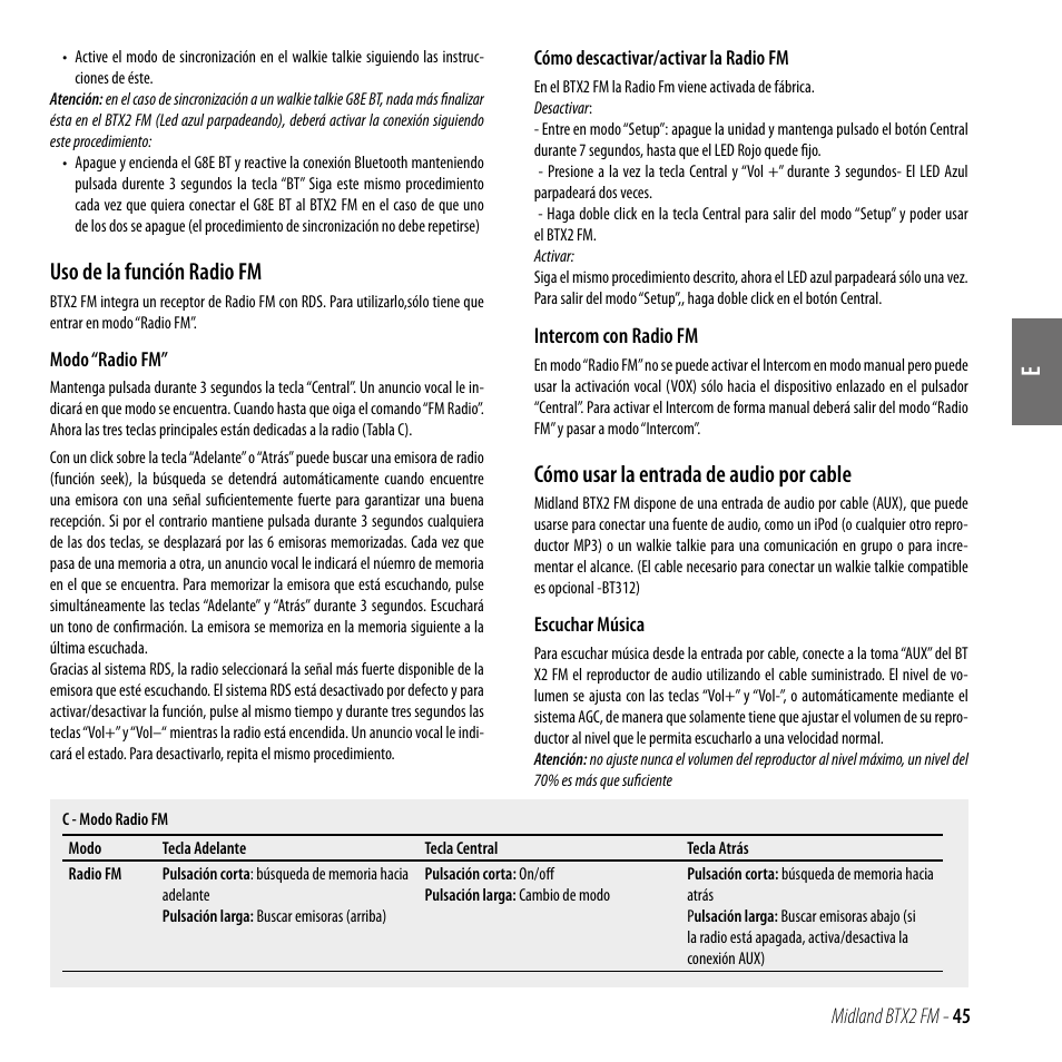 Uso de la función radio fm, Cómo usar la entrada de audio por cable | MIDLAND BTX2 FM User Manual | Page 46 / 100