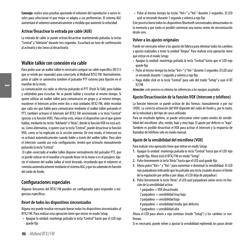 Walkie talkie con conexión vía cable, Configuraciones especiales | MIDLAND BTX2 FM User Manual | Page 47 / 100