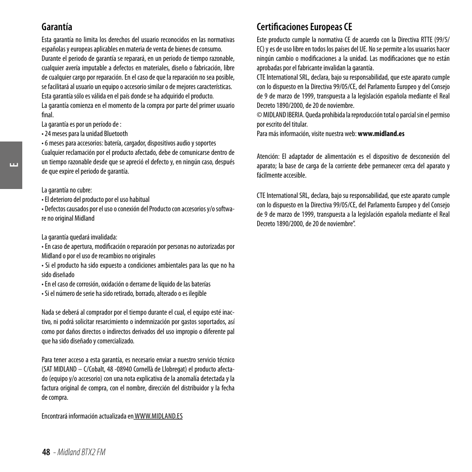 Garantía, Certificaciones europeas ce, Garantía certificaciones europeas ce | MIDLAND BTX2 FM User Manual | Page 49 / 100