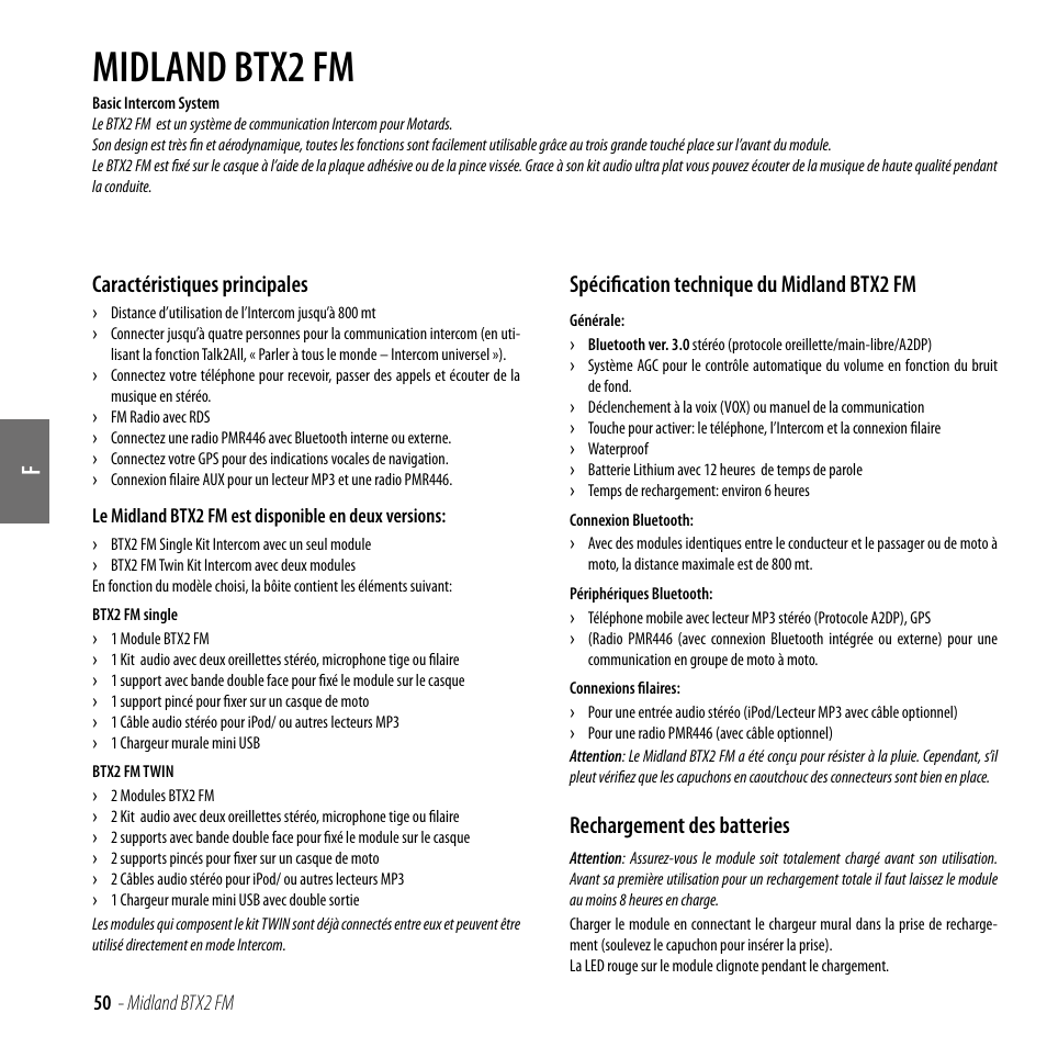 Caractéristiques principales, Spécification technique du midland btx2 fm, Rechargement des batteries | Midland btx2 fm | MIDLAND BTX2 FM User Manual | Page 51 / 100