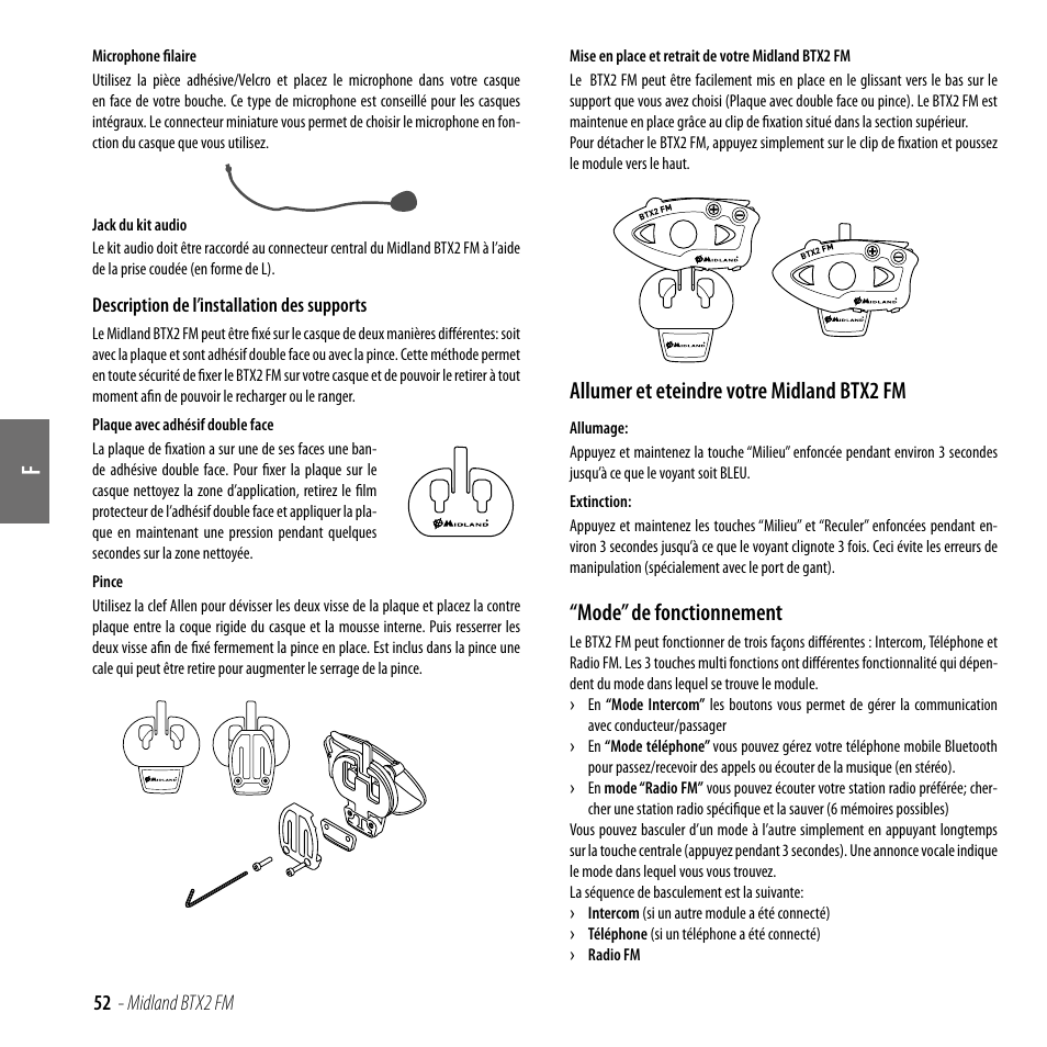 Allumer et eteindre votre midland btx2 fm, Mode” de fonctionnement | MIDLAND BTX2 FM User Manual | Page 53 / 100