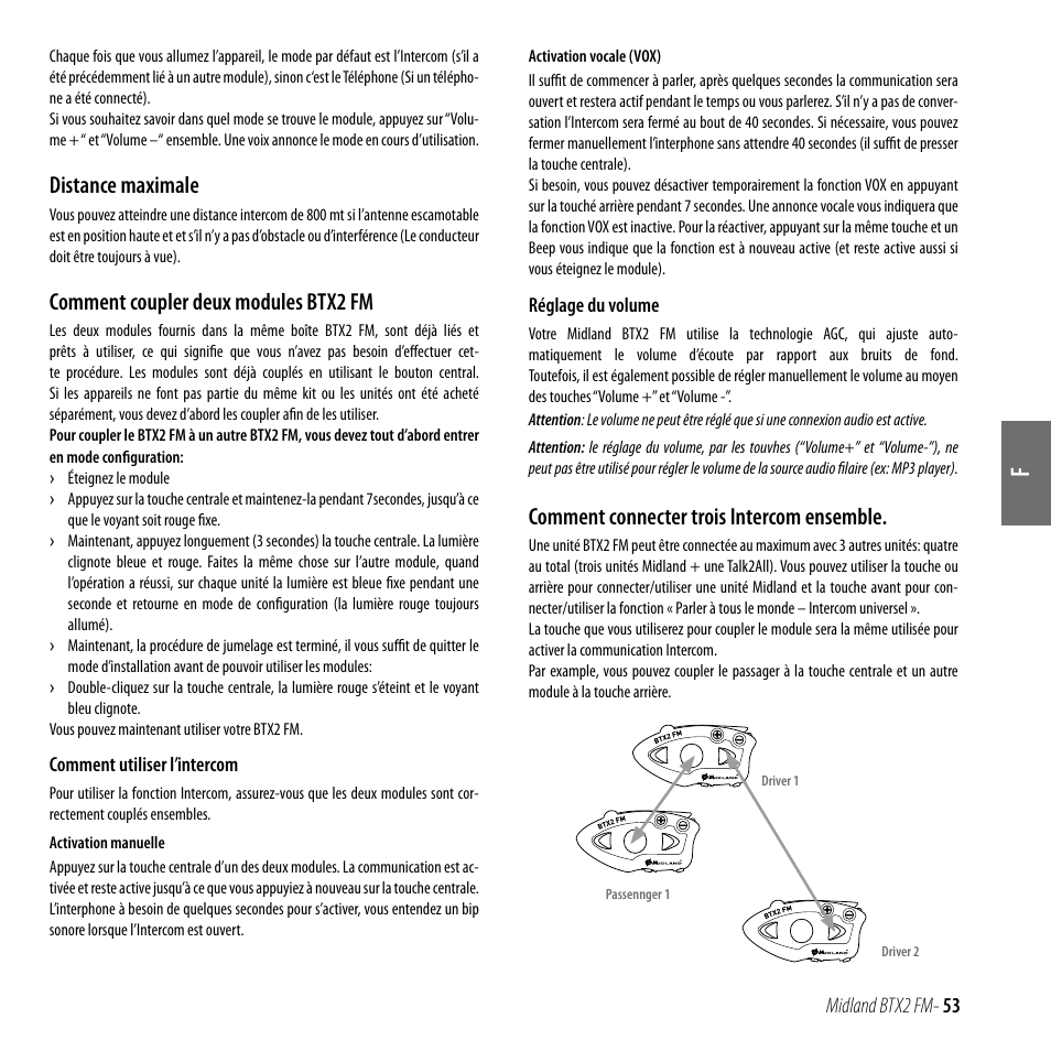 Distance maximale, Comment coupler deux modules btx2 fm, Comment connecter trois intercom ensemble | MIDLAND BTX2 FM User Manual | Page 54 / 100