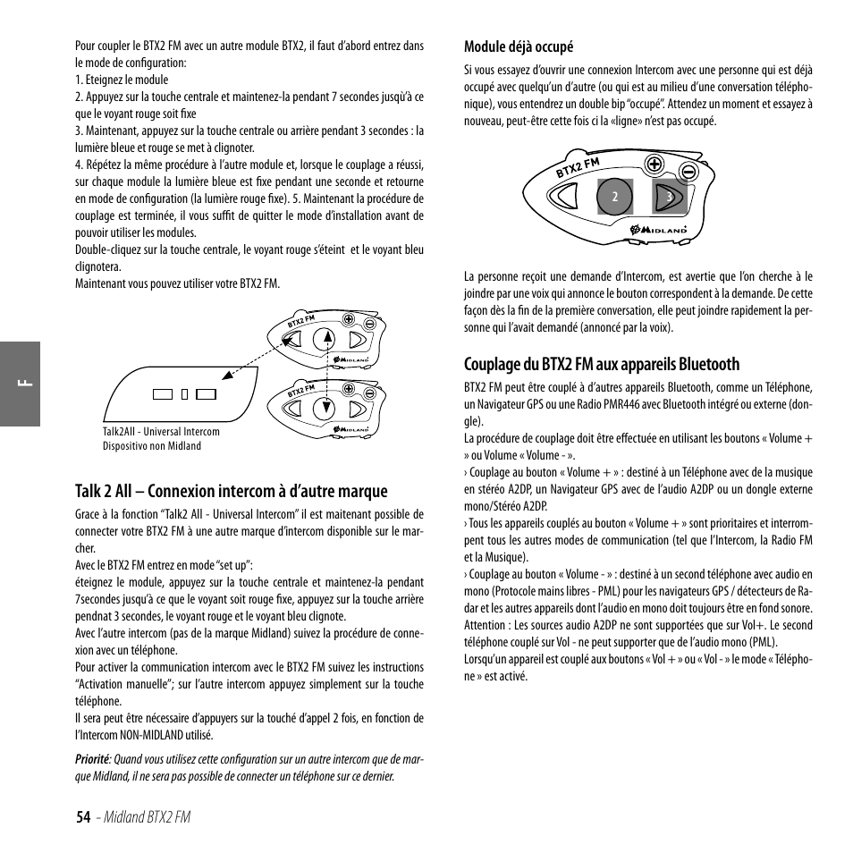 Talk 2 all – connexion intercom à d’autre marque, Couplage du btx2 fm aux appareils bluetooth | MIDLAND BTX2 FM User Manual | Page 55 / 100