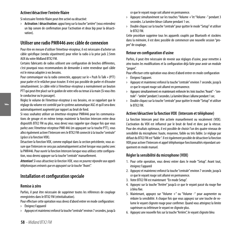 Utiliser une radio pmr446 avec câble de connexion, Installation et configuration speciale | MIDLAND BTX2 FM User Manual | Page 59 / 100