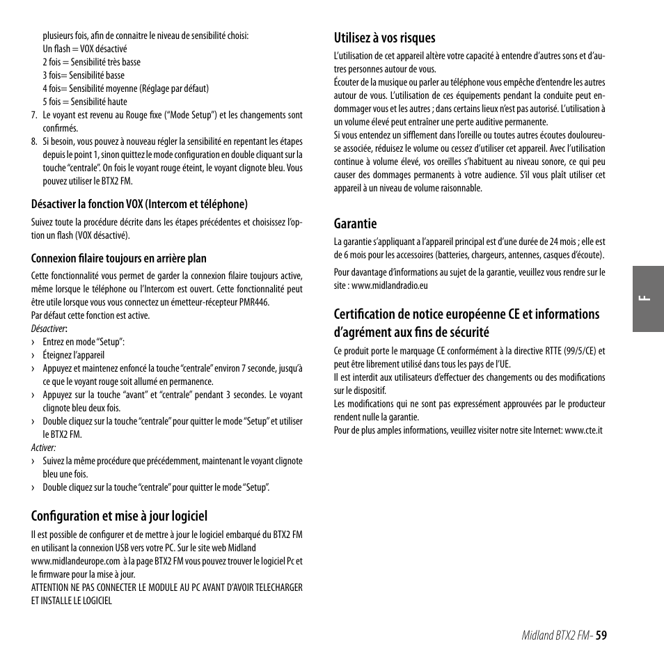 Configuration et mise à jour logiciel, Utilisez à vos risques, Garantie | MIDLAND BTX2 FM User Manual | Page 60 / 100