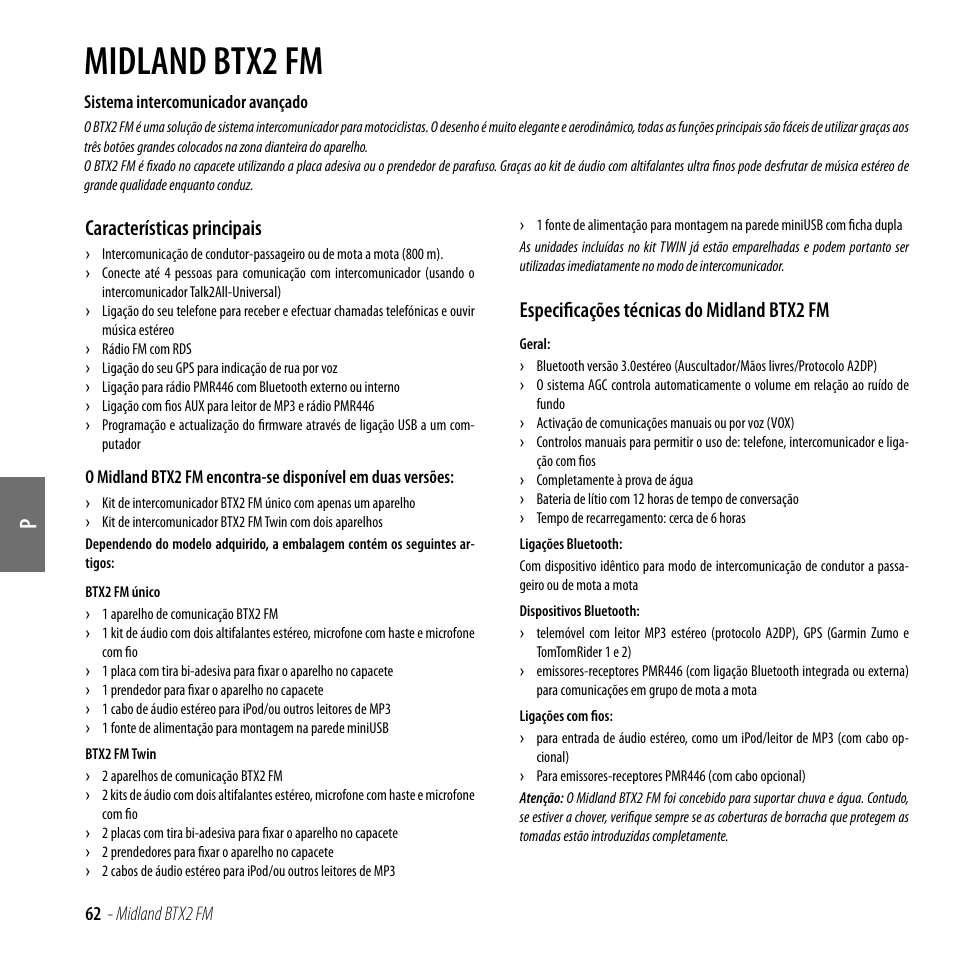 Características principais, Especificações técnicas do midland btx2 fm, Midland btx2 fm | MIDLAND BTX2 FM User Manual | Page 63 / 100