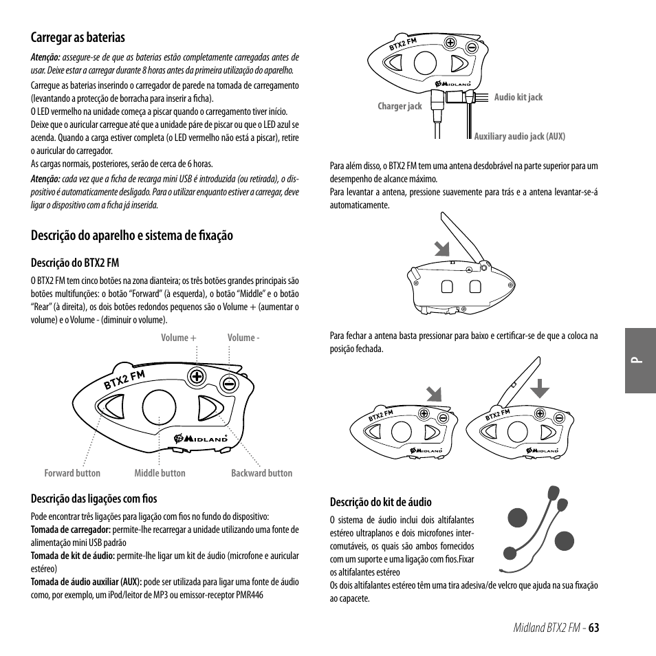 Carregar as baterias, Descrição do aparelho e sistema de fixação | MIDLAND BTX2 FM User Manual | Page 64 / 100