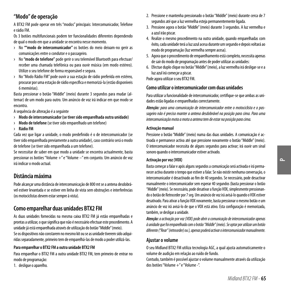 Modo” de operação, Distância máxima, Como emparelhar duas unidades btx2 fm | MIDLAND BTX2 FM User Manual | Page 66 / 100