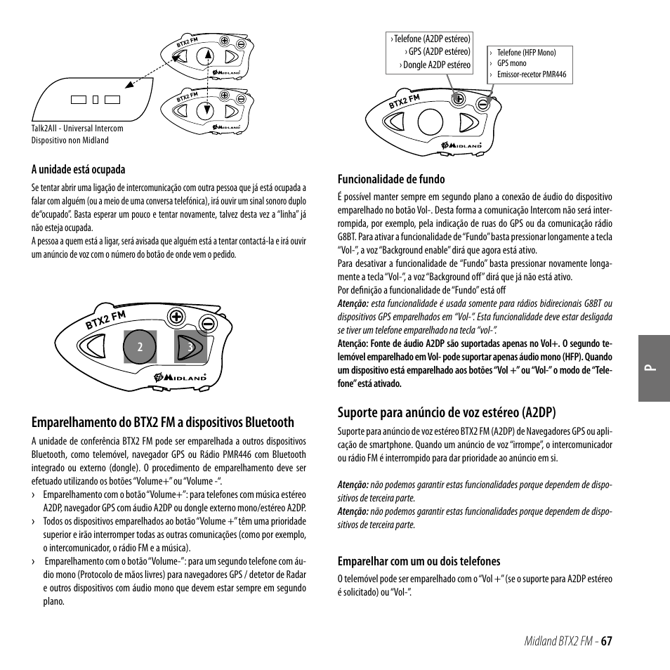 Emparelhamento do btx2 fm a dispositivos bluetooth, Suporte para anúncio de voz estéreo (a2dp) | MIDLAND BTX2 FM User Manual | Page 68 / 100