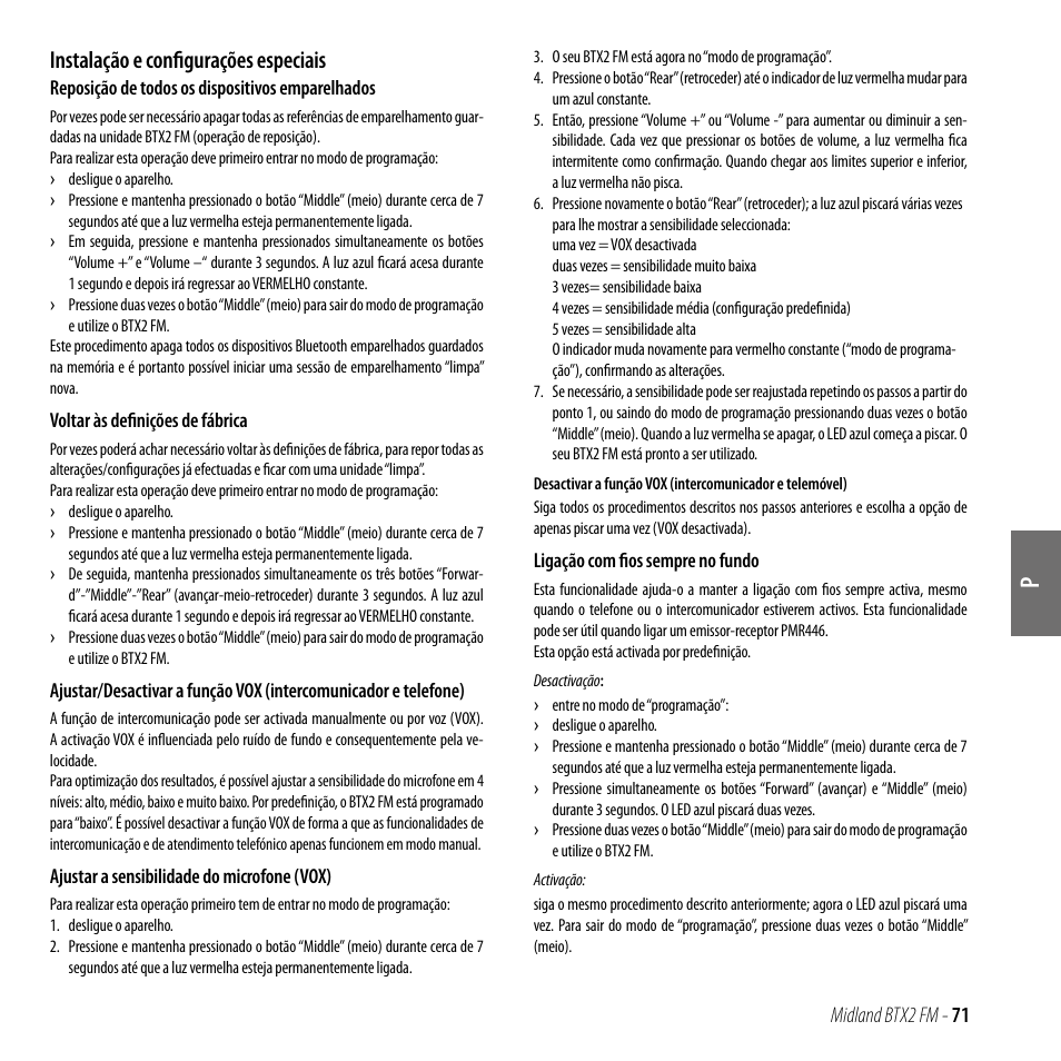 Instalação e configurações especiais | MIDLAND BTX2 FM User Manual | Page 72 / 100