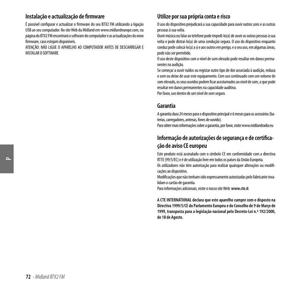 Instalação e actualização de firmware, Utilize por sua própria conta e risco, Garantia | MIDLAND BTX2 FM User Manual | Page 73 / 100