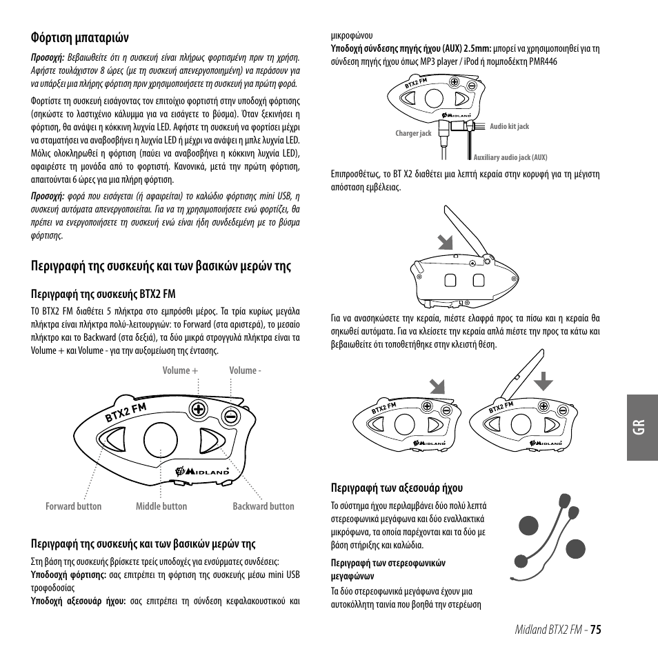 Φόρτιση μπαταριών, Περιγραφή της συσκευής και των βασικών μερών της | MIDLAND BTX2 FM User Manual | Page 76 / 100