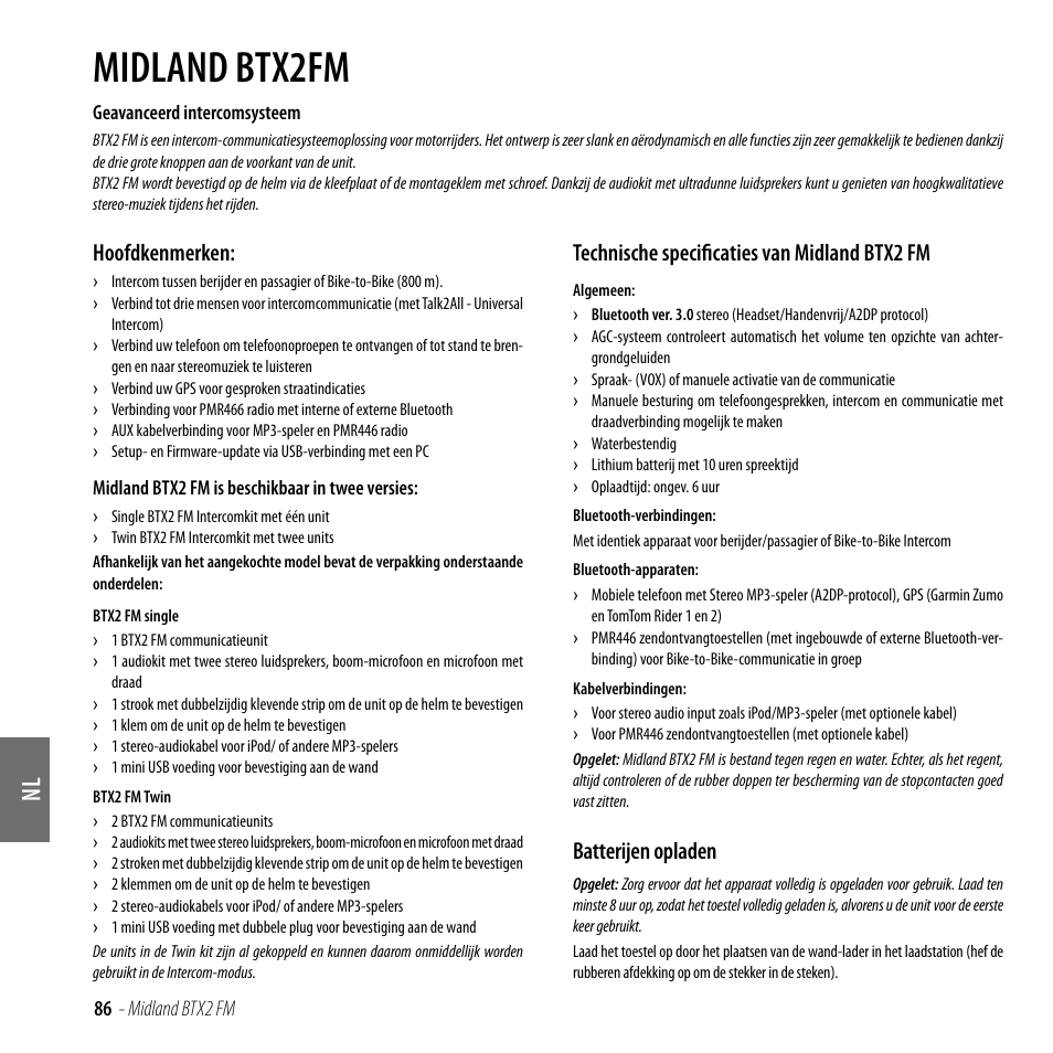 Midland btx2fm, Hoofdkenmerken, Technische specificaties van midland btx2 fm | Batterijen opladen | MIDLAND BTX2 FM User Manual | Page 87 / 100