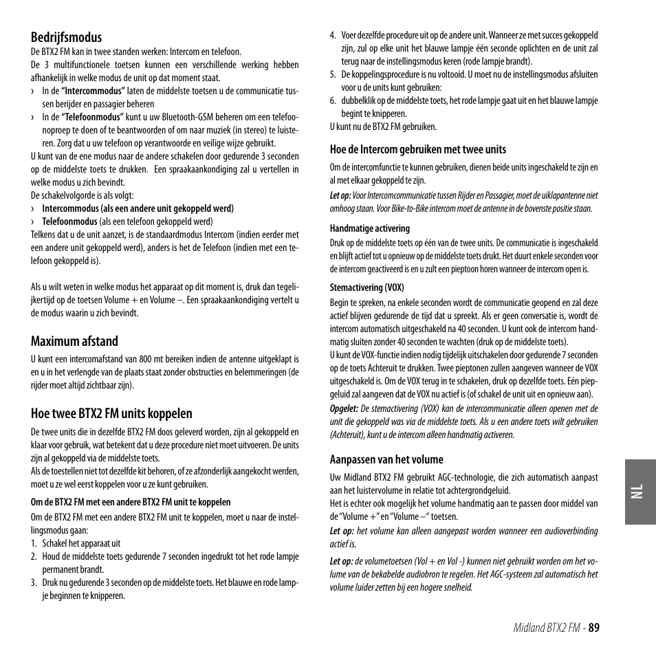 Bedrijfsmodus, Maximum afstand, Hoe twee btx2 fm units koppelen | MIDLAND BTX2 FM User Manual | Page 90 / 100