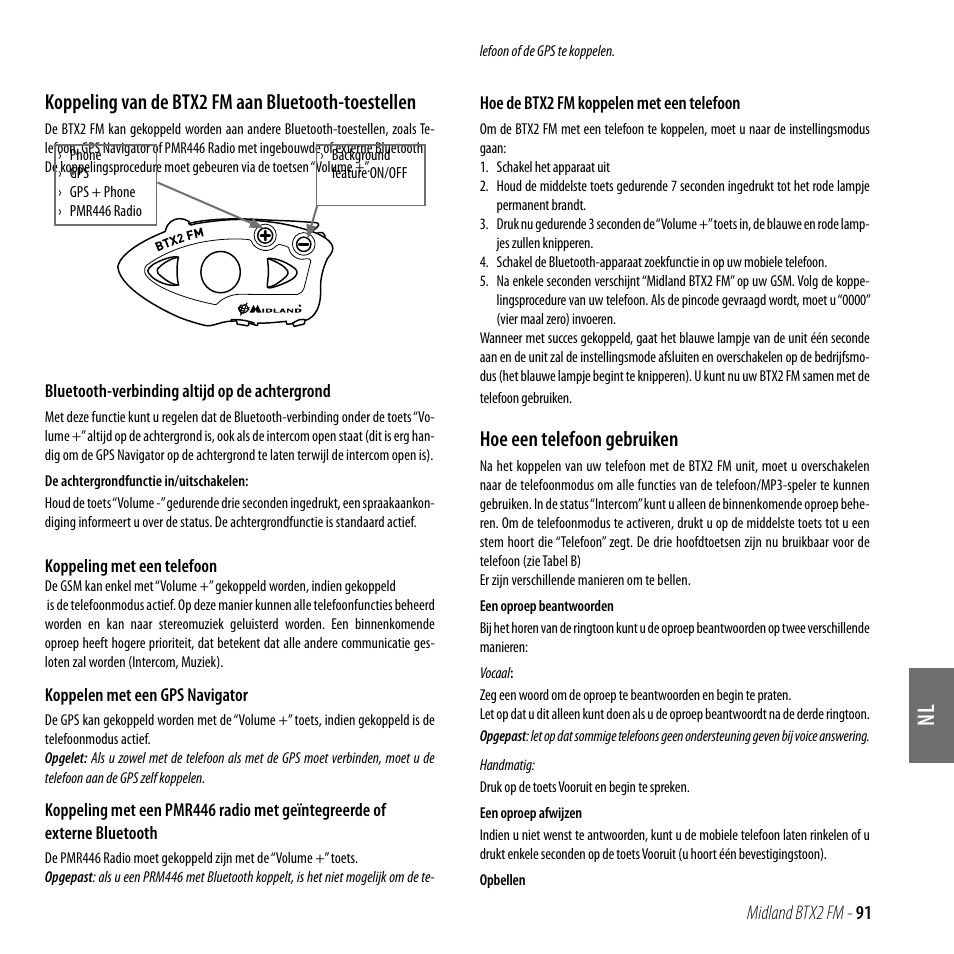 Koppeling van de btx2 fm aan bluetooth-toestellen, Hoe een telefoon gebruiken | MIDLAND BTX2 FM User Manual | Page 92 / 100