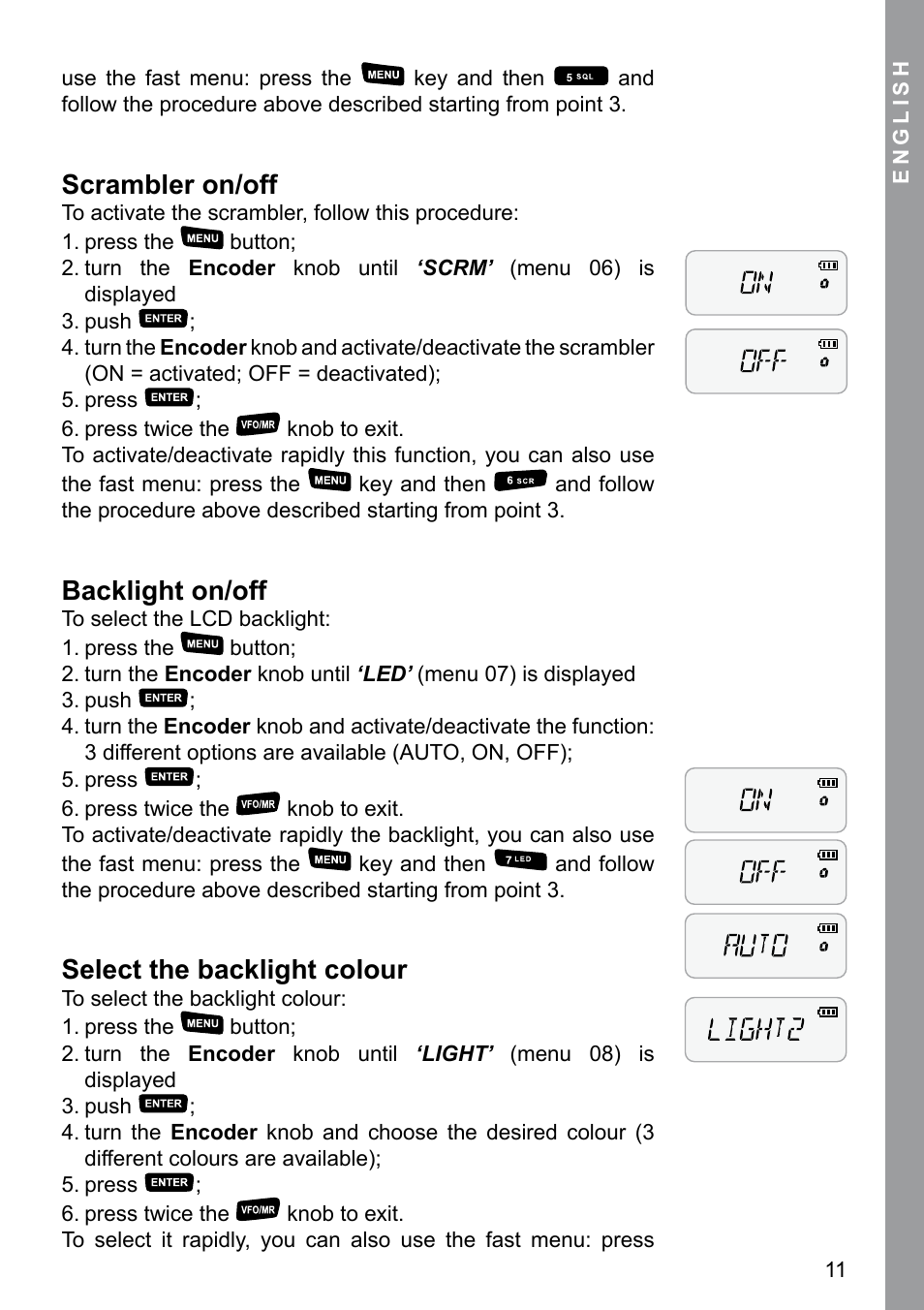 Scrambler on/off, Backlight on/off, Select the backlight colour | MIDLAND CT 200_400 User Manual | Page 11 / 20