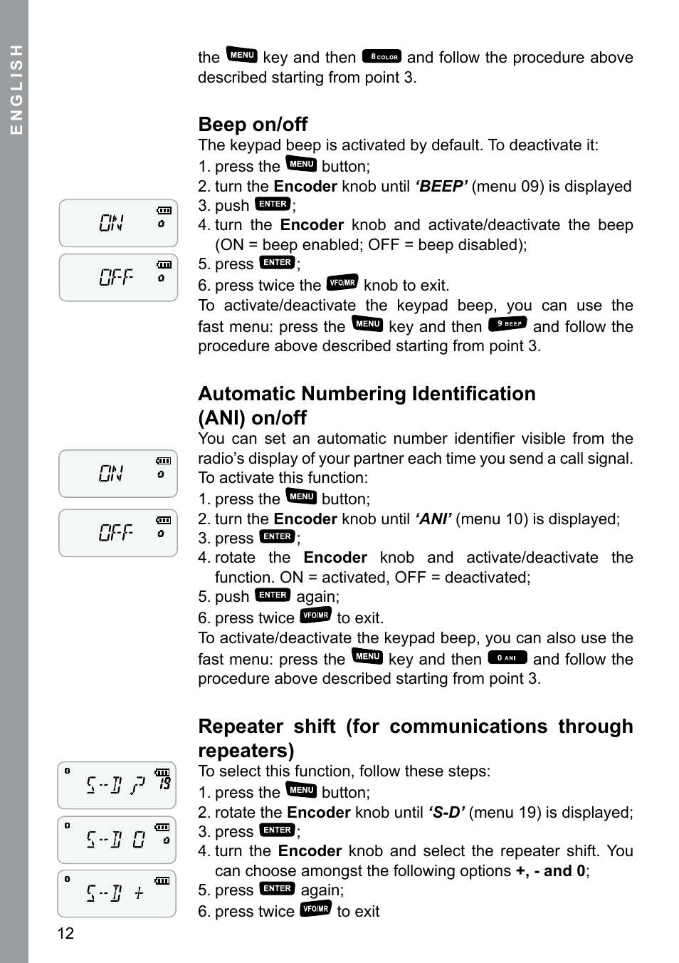 Beep on/off, Automatic numbering identification (ani) on/off | MIDLAND CT 200_400 User Manual | Page 12 / 20