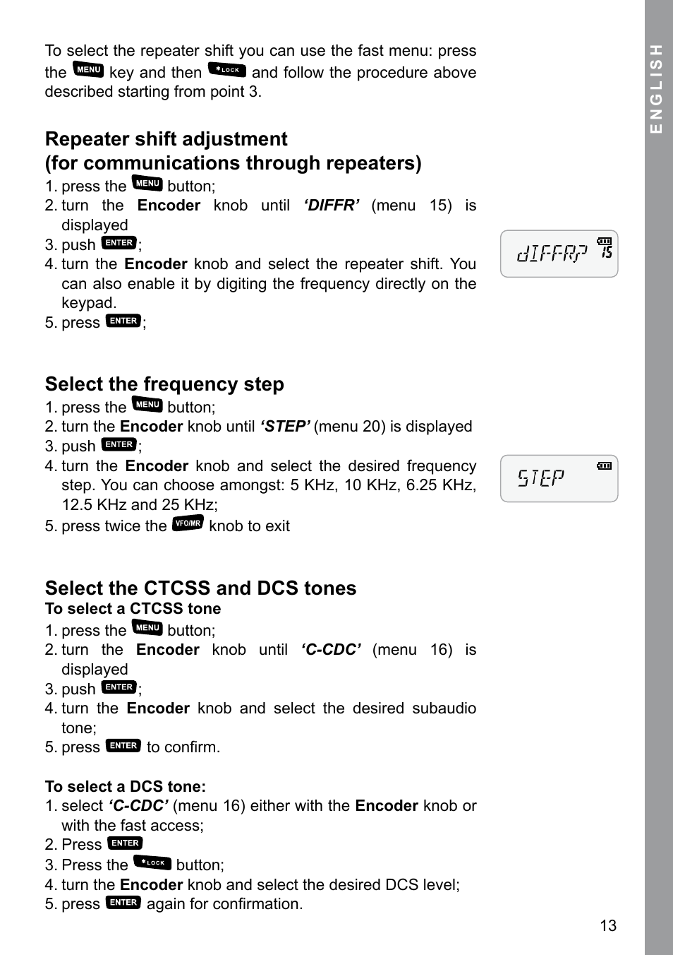 Select the frequency step, Select the ctcss and dcs tones | MIDLAND CT 200_400 User Manual | Page 13 / 20