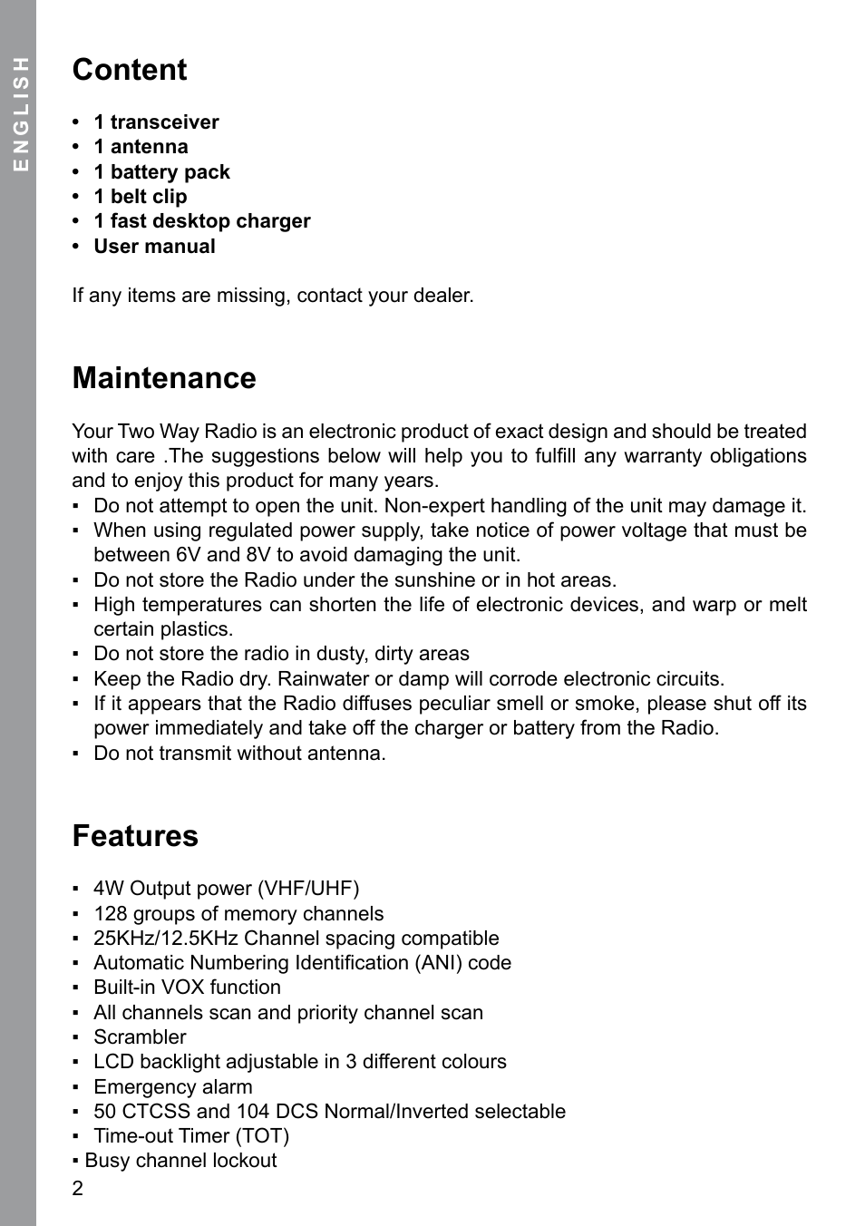 Content, Maintenance, Features | MIDLAND CT 200_400 User Manual | Page 2 / 20