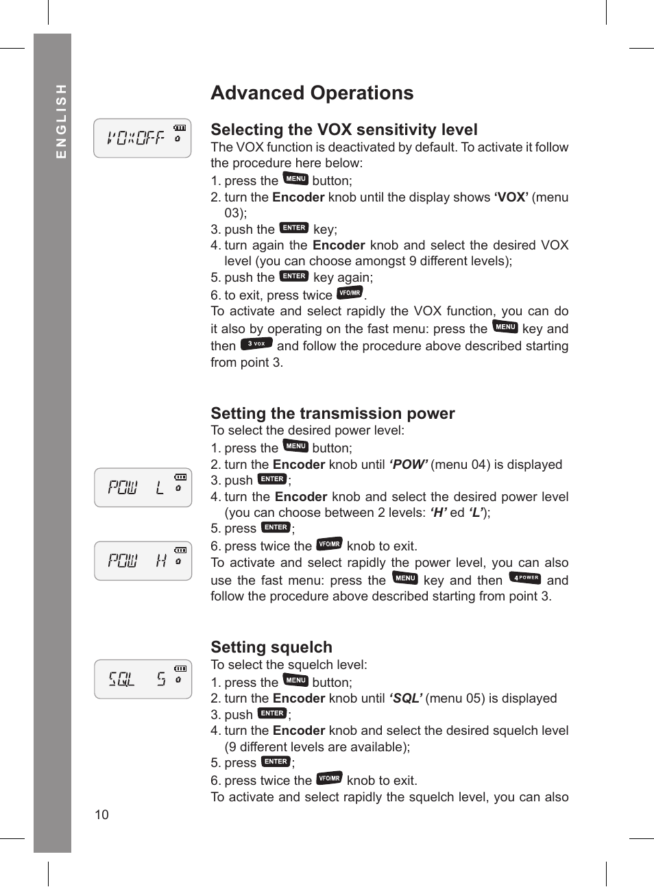 Advanced operations, Selecting the vox sensitivity level, Setting the transmission power | Setting squelch | MIDLAND CT 210_410 User Manual | Page 10 / 20